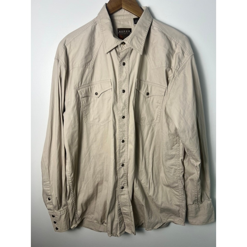 Roper Western Snap Shirt M XL Tan Khaki Cotton Long Sleeve Pointed Yoke Cowboy